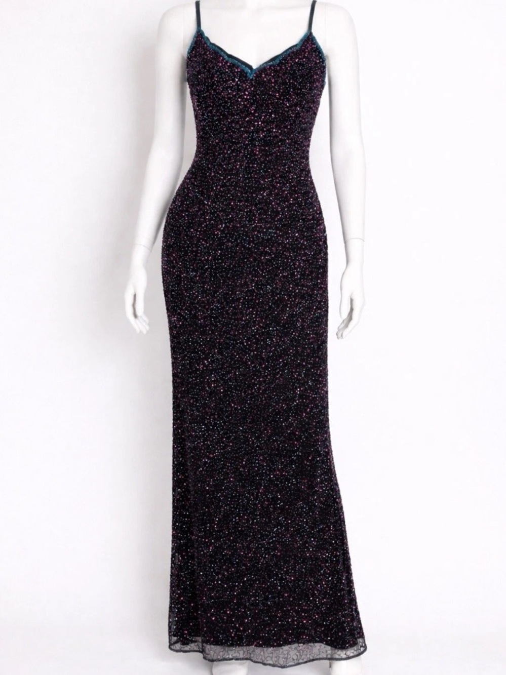VTG 90s Papell Boutique Sequin Fully Beaded Slinky 100% Silk Gown sz 10